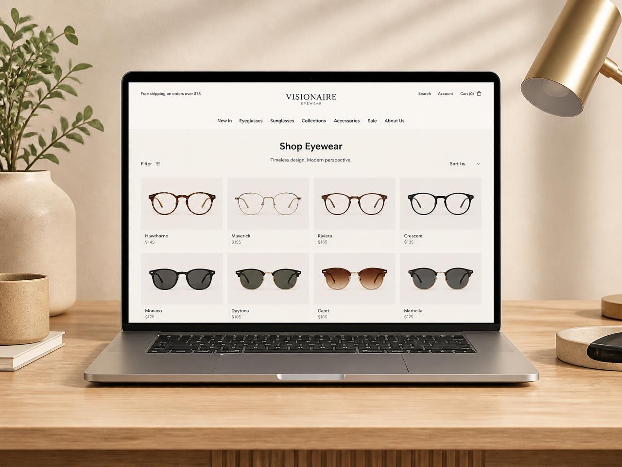 Laptop displaying an eyewear ecommerce storefront